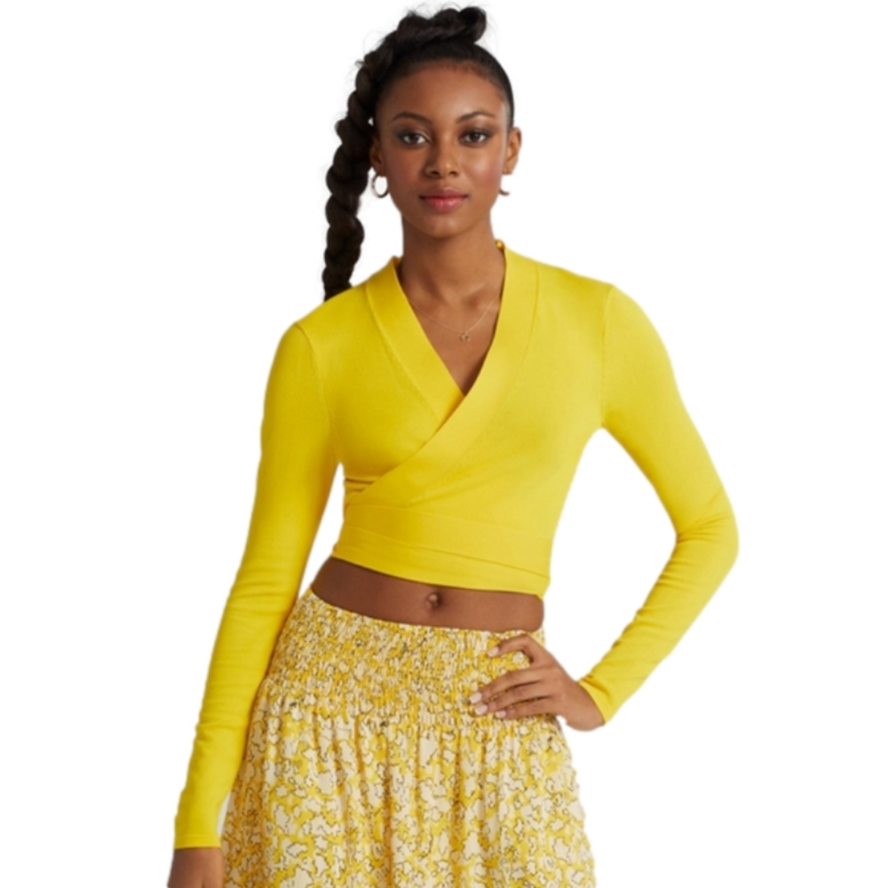 NWT Gabrielle Union Yellow Wrap Tied Cropped Long Sleeve Top Size Medium